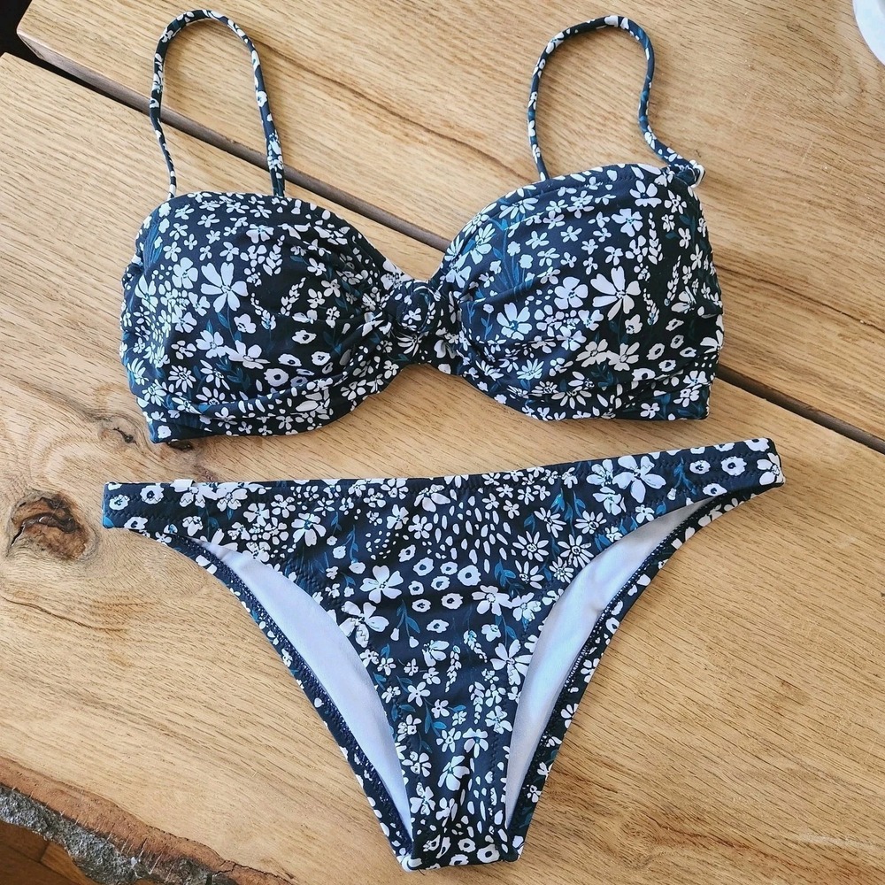 Rhythm x Free People Fields Knot Front Bikini Set Women size S Black Blue Floral